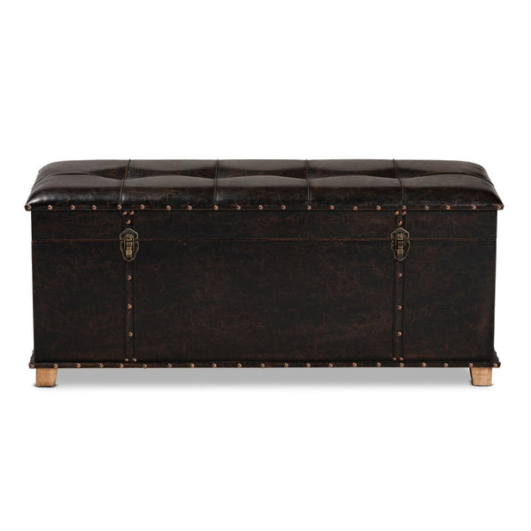 Baxton Studio Baxton Studio Janna Rustic Storage Ottoman - Dark Brown Faux Leather with Oak Finish & Brass Accents JY20B055L-Dark Brown-Large Otto