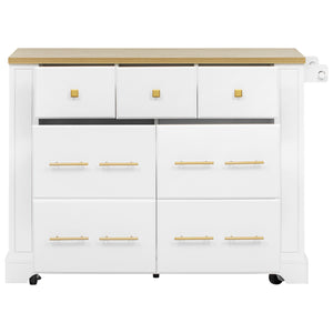 English Elm K&K Rustic Kitchen Island Cart with 6 Drawers, Pull-Out Trash Cabinet, Drop Leaf & Built-In Charging Station White N707P307292W