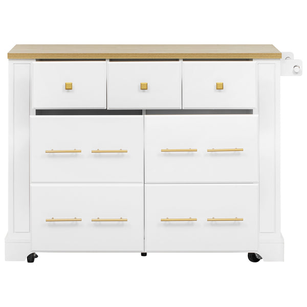 English Elm K&K Rustic Kitchen Island Cart with 6 Drawers, Pull-Out Trash Cabinet, Drop Leaf & Built-In Charging Station White N707P307292W