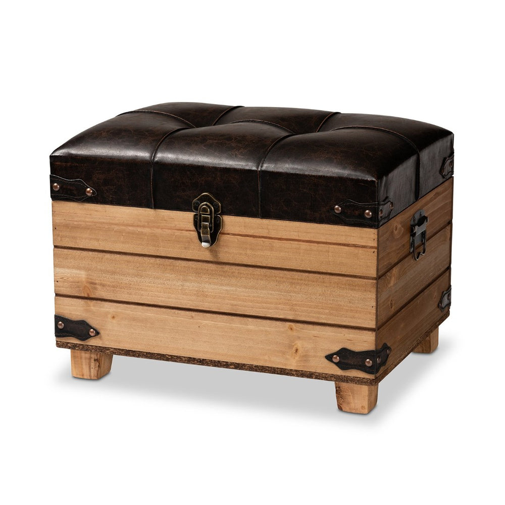 Baxton Studio Baxton Studio Rustic Dark Brown Faux Leather Storage Ottoman with Oak Brown Frame & Vintage Charm JY20B056S-Dark Brown-Small Otto