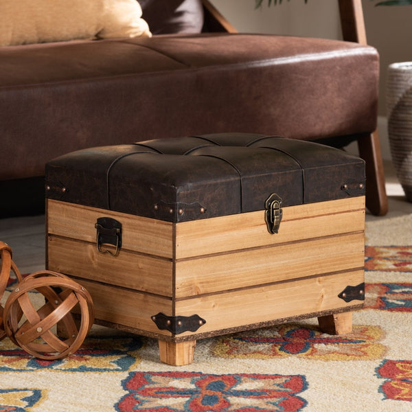 Baxton Studio Baxton Studio Rustic Dark Brown Faux Leather Storage Ottoman with Oak Brown Frame & Vintage Charm JY20B056S-Dark Brown-Small Otto