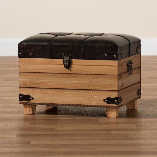 Baxton Studio Baxton Studio Rustic Dark Brown Faux Leather Storage Ottoman with Oak Brown Frame & Vintage Charm JY20B056S-Dark Brown-Small Otto