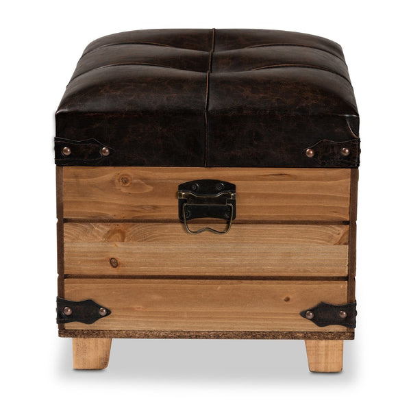 Baxton Studio Baxton Studio Rustic Dark Brown Faux Leather Storage Ottoman with Oak Brown Frame & Vintage Charm JY20B056S-Dark Brown-Small Otto