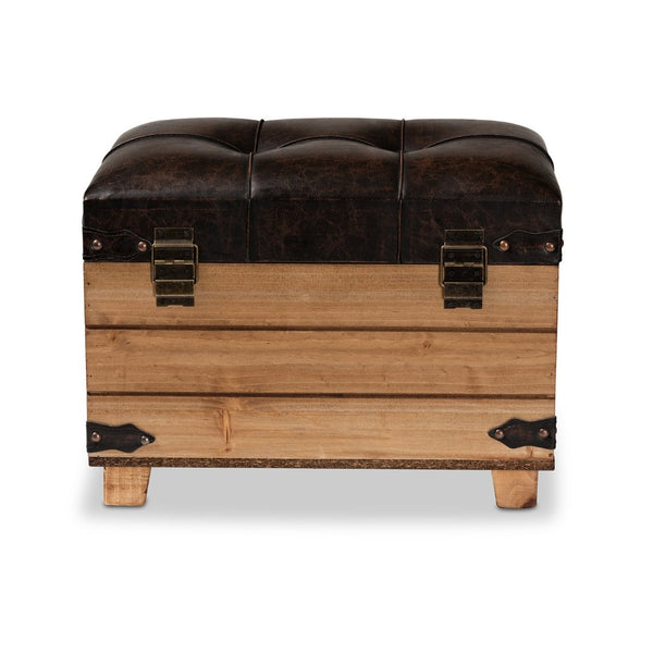 Baxton Studio Baxton Studio Rustic Dark Brown Faux Leather Storage Ottoman with Oak Brown Frame & Vintage Charm JY20B056S-Dark Brown-Small Otto