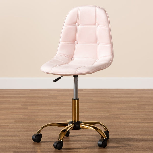Baxton Studio Baxton Studio Kabira Luxe Blush Pink Velvet Swivel Chair with Chrome Base for Glam Home Office Style NF02-Blush Velvet/Gold-Office Chair
