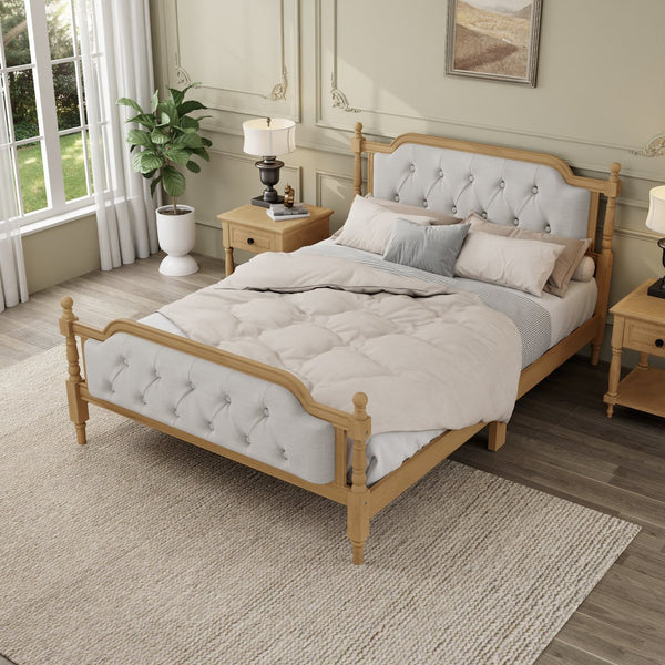 English Elm Traditional Solid Wood Bed Frame with Tufted Upholstered Headboard, No Box Spring Needed, Sturdy 400 lb Capacity Walnut 57.5 L x 22.5 W x 10.5 H N701P242546N
