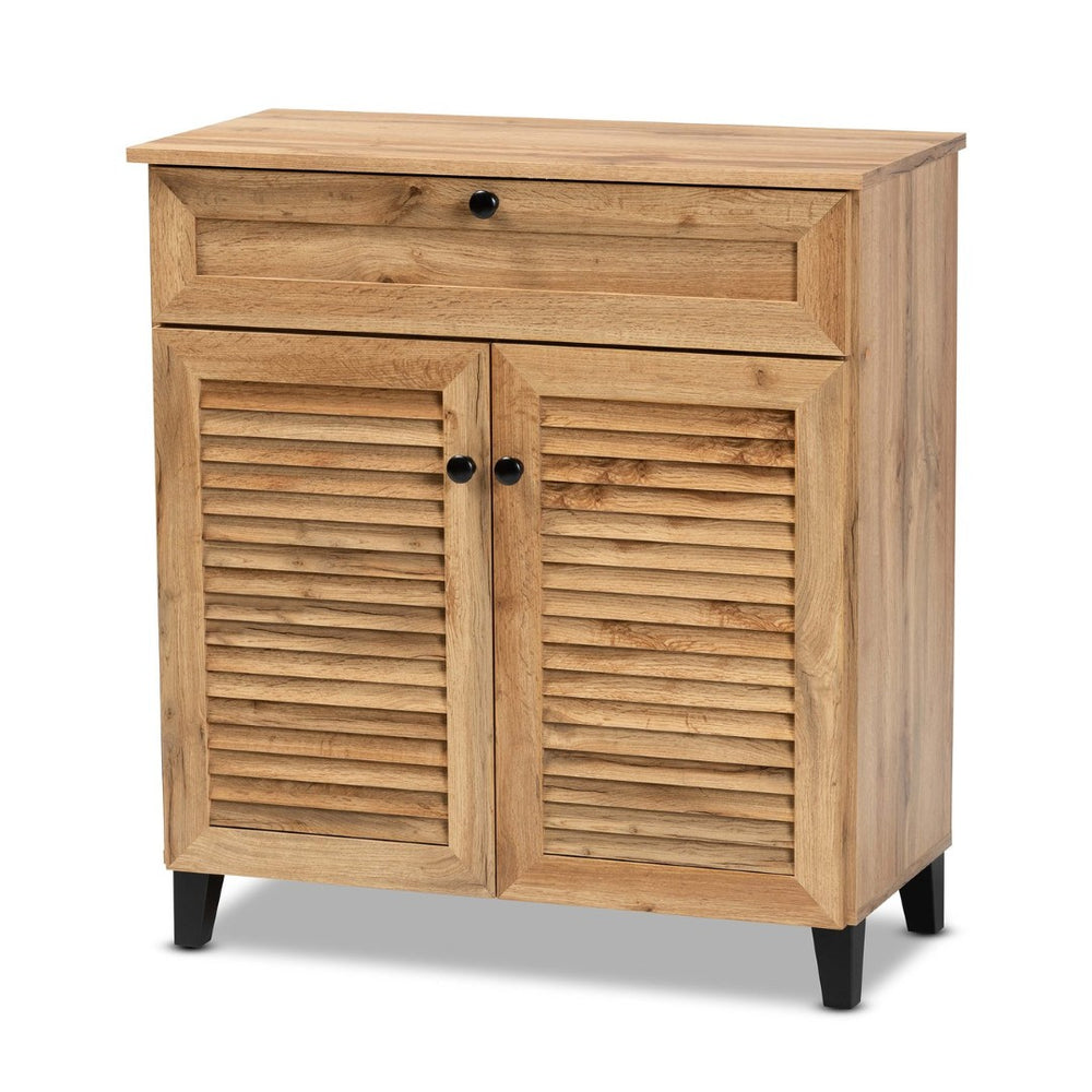 Baxton Studio Baxton Studio Modern Oak Brown Wood Shoe Storage Cabinet with Slatted Doors and Tapered Legs Coolidge 1-Drawer FP-02LV-Wotan Oak