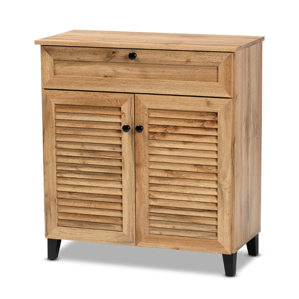 Baxton Studio Baxton Studio Modern Oak Brown Wood Shoe Storage Cabinet with Slatted Doors and Tapered Legs Coolidge 1-Drawer FP-02LV-Wotan Oak