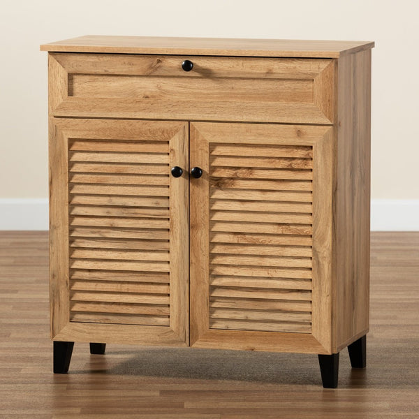 Baxton Studio Baxton Studio Modern Oak Brown Wood Shoe Storage Cabinet with Slatted Doors and Tapered Legs Coolidge 1-Drawer FP-02LV-Wotan Oak