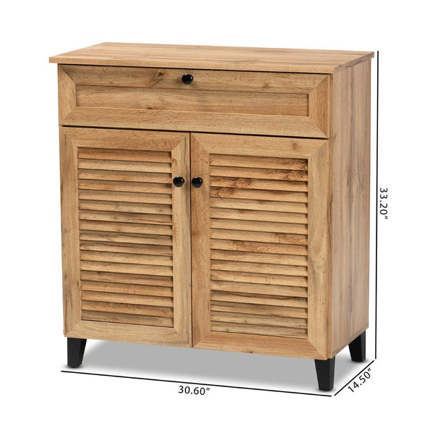 Baxton Studio Baxton Studio Modern Oak Brown Wood Shoe Storage Cabinet with Slatted Doors and Tapered Legs Coolidge 1-Drawer FP-02LV-Wotan Oak