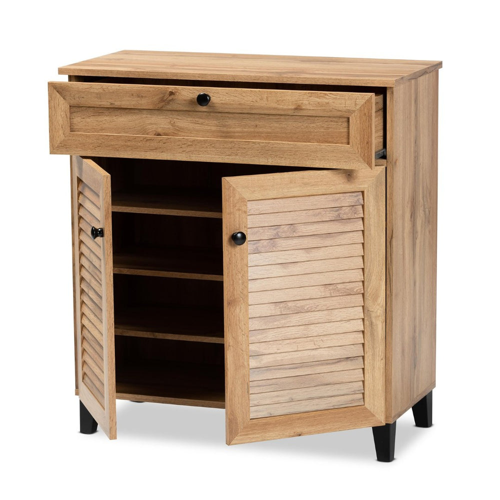 Baxton Studio Baxton Studio Modern Oak Brown Wood Shoe Storage Cabinet with Slatted Doors and Tapered Legs Coolidge 1-Drawer FP-02LV-Wotan Oak