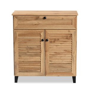 Baxton Studio Baxton Studio Modern Oak Brown Wood Shoe Storage Cabinet with Slatted Doors and Tapered Legs Coolidge 1-Drawer FP-02LV-Wotan Oak