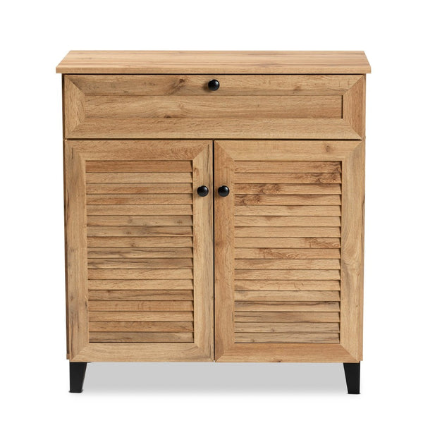 Baxton Studio Baxton Studio Modern Oak Brown Wood Shoe Storage Cabinet with Slatted Doors and Tapered Legs Coolidge 1-Drawer FP-02LV-Wotan Oak