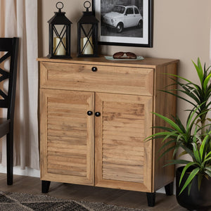 Baxton Studio Baxton Studio Modern Oak Brown Wood Shoe Storage Cabinet with Slatted Doors and Tapered Legs Coolidge 1-Drawer FP-02LV-Wotan Oak
