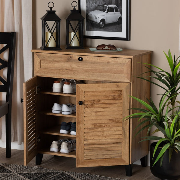 Baxton Studio Baxton Studio Modern Oak Brown Wood Shoe Storage Cabinet with Slatted Doors and Tapered Legs Coolidge 1-Drawer FP-02LV-Wotan Oak
