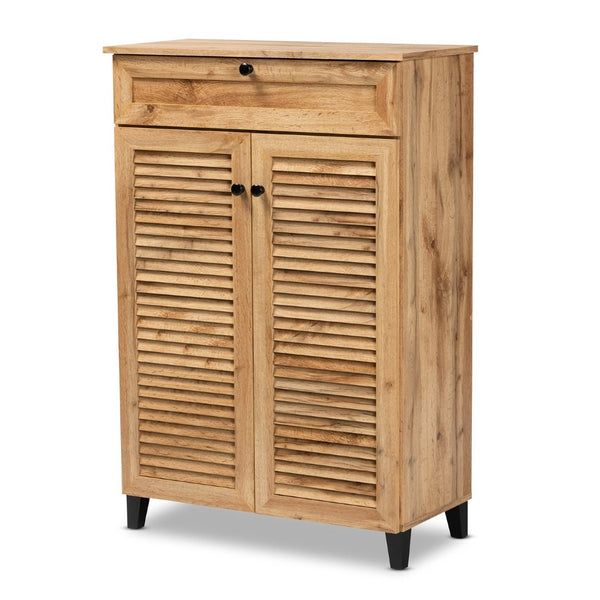 Baxton Studio Baxton Studio Modern Oak Brown Wood Shoe Storage Cabinet with Slatted Doors and Tapered Legs Coolidge 5-Shelf FP-03LV-Wotan Oak