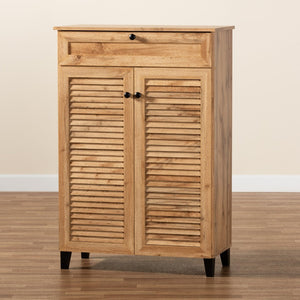 Baxton Studio Baxton Studio Modern Oak Brown Wood Shoe Storage Cabinet with Slatted Doors and Tapered Legs Coolidge 5-Shelf FP-03LV-Wotan Oak