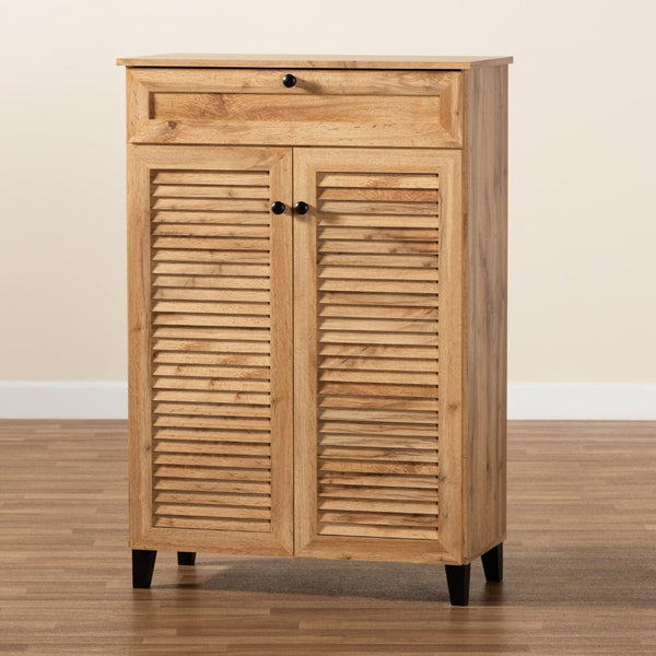 Baxton Studio Baxton Studio Modern Oak Brown Wood Shoe Storage Cabinet with Slatted Doors and Tapered Legs Coolidge 5-Shelf FP-03LV-Wotan Oak