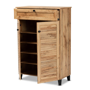 Baxton Studio Baxton Studio Modern Oak Brown Wood Shoe Storage Cabinet with Slatted Doors and Tapered Legs Coolidge 5-Shelf FP-03LV-Wotan Oak