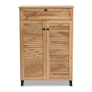 Baxton Studio Baxton Studio Modern Oak Brown Wood Shoe Storage Cabinet with Slatted Doors and Tapered Legs Coolidge 5-Shelf FP-03LV-Wotan Oak