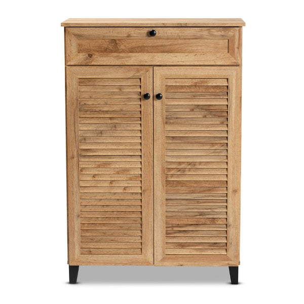 Baxton Studio Baxton Studio Modern Oak Brown Wood Shoe Storage Cabinet with Slatted Doors and Tapered Legs Coolidge 5-Shelf FP-03LV-Wotan Oak
