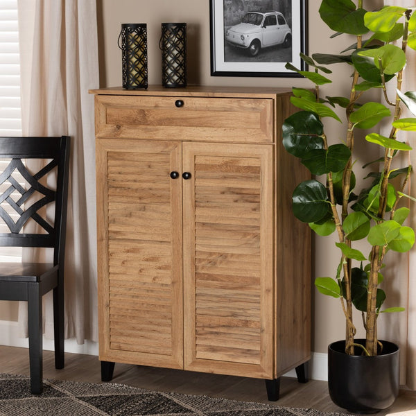 Baxton Studio Baxton Studio Modern Oak Brown Wood Shoe Storage Cabinet with Slatted Doors and Tapered Legs Coolidge 5-Shelf FP-03LV-Wotan Oak