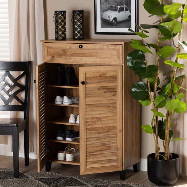 Baxton Studio Baxton Studio Modern Oak Brown Wood Shoe Storage Cabinet with Slatted Doors and Tapered Legs Coolidge 5-Shelf FP-03LV-Wotan Oak