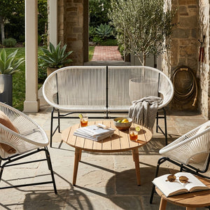 English Elm Nusa Outdoor Pe Rattan Conversation Set with Acacia Wood Coffee Table Patio White NUSA4PCSET-WHI