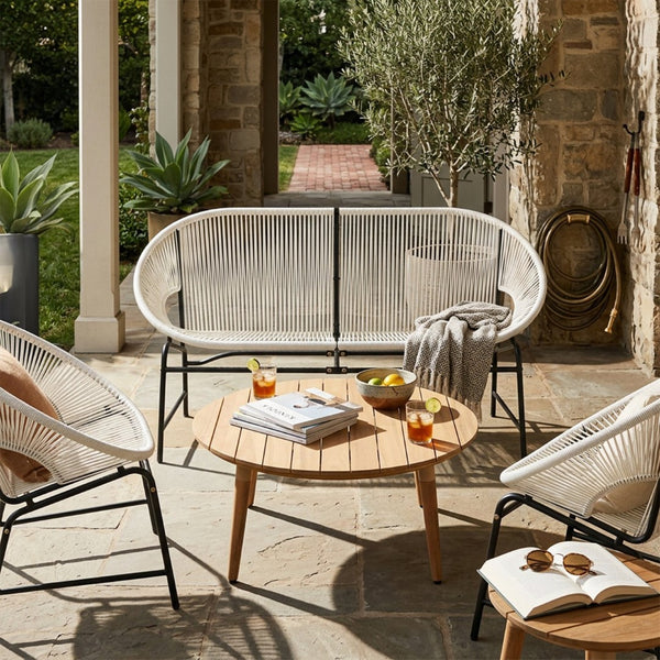 English Elm Nusa Outdoor Pe Rattan Conversation Set with Acacia Wood Coffee Table Patio White NUSA4PCSET-WHI