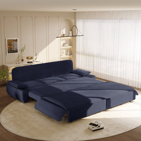 English Elm 94.5" King Convertible Sleeper Sofa Corduroy Upholstered Chaise Lounge Guest Room Bed Blue W1885S00310