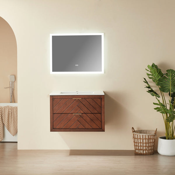 English Elm 30" Tiered Wall Mounted Floating Single Vanity with Ceramic Sink, Plywood Durable Design & Storage Space W1826P343433