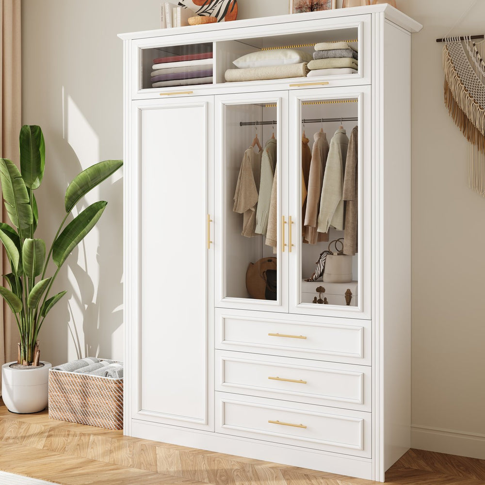 English Elm 3 Door Wardrobe Armoire Closet with LED Lighting, 4-Door Style, 3 Drawers, White Gold Accents, Spacious Storage N7090001843K