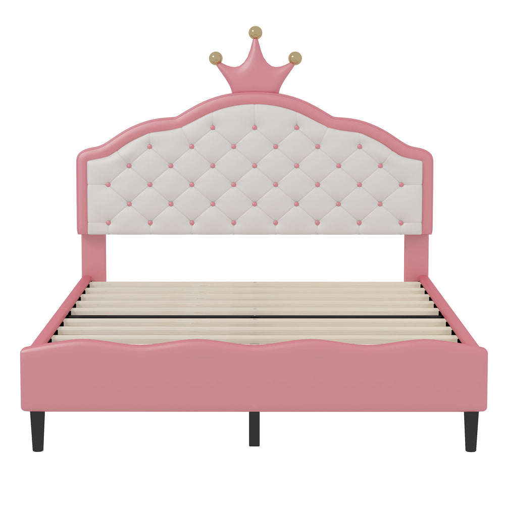 English Elm Full Full Size Lovely Crown Fantasy PU Leather Princess Bed with Tufted Headboard, Pink Cream, Sturdy Frame N733P198762H