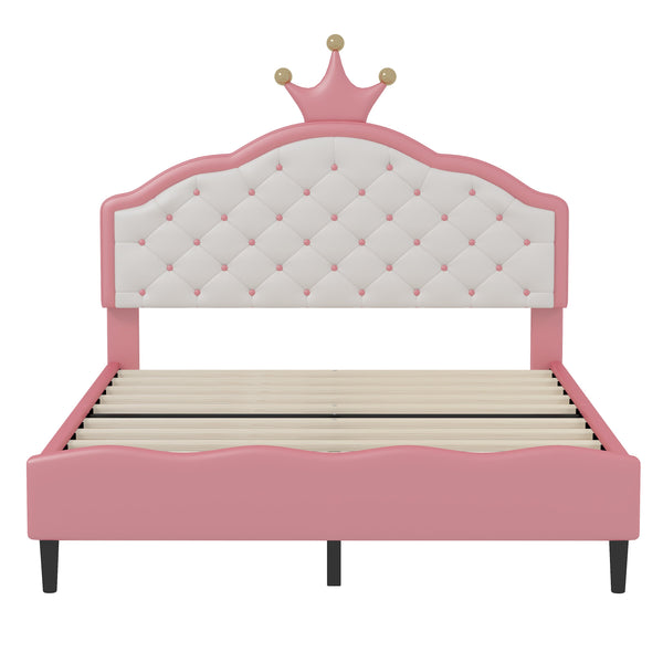 English Elm Full Full Size Lovely Crown Fantasy PU Leather Princess Bed with Tufted Headboard, Pink Cream, Sturdy Frame N733P198762H