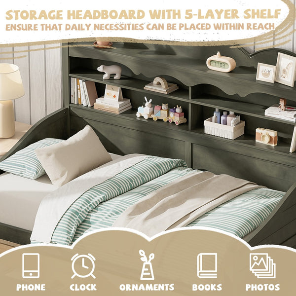 English Elm Twin Daybed Retro Wood Frame with Under Bed Drawers and Headboard Shelving Antique Grey N733S415358E