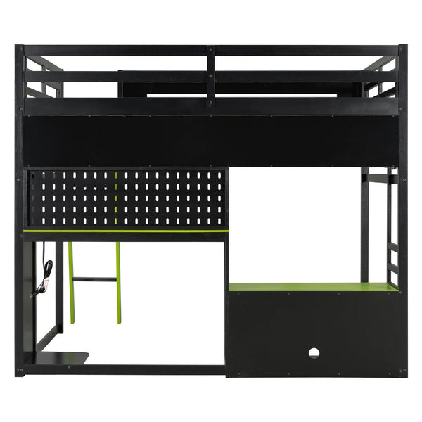 English Elm Full Size Gaming Loft Bed with Built-in Desk Led Lighting Usb Ports and Pegboard Black+Green LT000270AAG