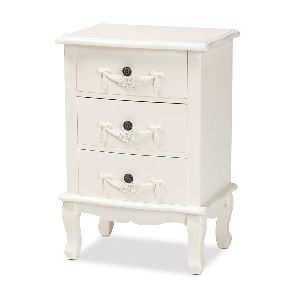 Baxton Studio Baxton Studio Elegant White 3-Drawer End Table with Floral Moldings and Cabriole Legs, Fully Assembled JY18B018-White-3DW-ET