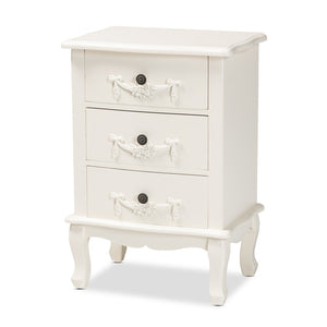 Baxton Studio Baxton Studio Elegant White 3-Drawer End Table with Floral Moldings and Cabriole Legs, Fully Assembled JY18B018-White-3DW-ET