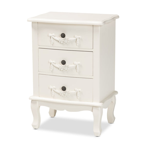 Baxton Studio Baxton Studio Elegant White 3-Drawer End Table with Floral Moldings and Cabriole Legs, Fully Assembled JY18B018-White-3DW-ET