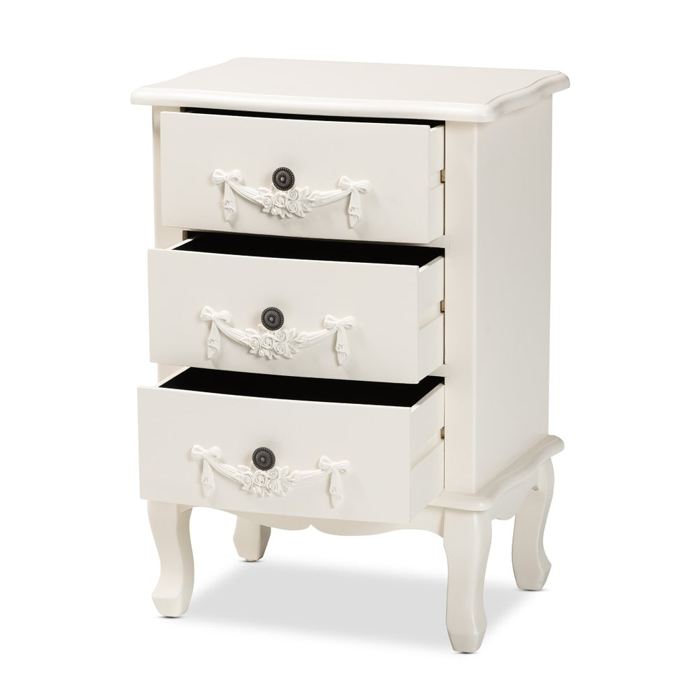 Baxton Studio Baxton Studio Elegant White 3-Drawer End Table with Floral Moldings and Cabriole Legs, Fully Assembled JY18B018-White-3DW-ET