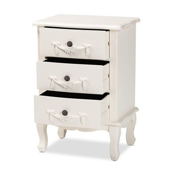 Baxton Studio Baxton Studio Elegant White 3-Drawer End Table with Floral Moldings and Cabriole Legs, Fully Assembled JY18B018-White-3DW-ET