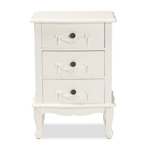 Baxton Studio Baxton Studio Elegant White 3-Drawer End Table with Floral Moldings and Cabriole Legs, Fully Assembled JY18B018-White-3DW-ET