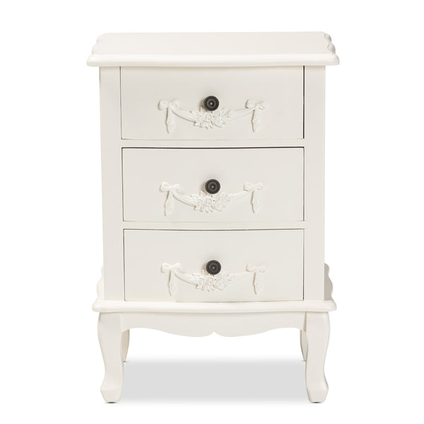 Baxton Studio Baxton Studio Elegant White 3-Drawer End Table with Floral Moldings and Cabriole Legs, Fully Assembled JY18B018-White-3DW-ET