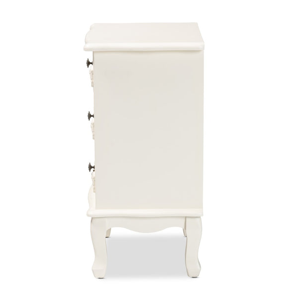 Baxton Studio Baxton Studio Elegant White 3-Drawer End Table with Floral Moldings and Cabriole Legs, Fully Assembled JY18B018-White-3DW-ET