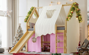 English Elm Full Size Pine Loft Bed with Slide Tent Panels Led Lights and Play Space Below W1580S00291