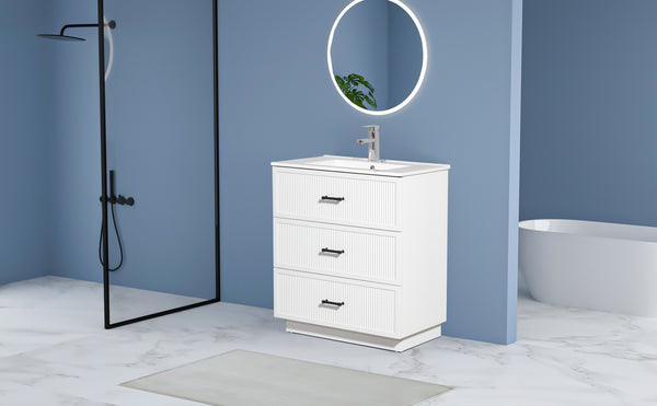 English Elm 30 Inch Bathroom Vanity With Ceramic Sink - Modern Freestanding Storage Cabinet, 2 Drawers, White Finish W1550S00045