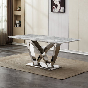 English Elm Marble Dining Table For 6 - Modern Grey Faux Marble Top With Chrome Base, Stylish & Versatile Design W3456S00023