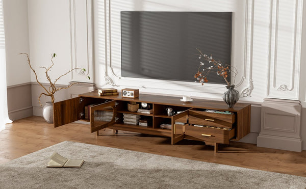 English Elm 78inch Walnut Entertainment Center Fluted Glass Solid Wood Legs Modern Living Room N710P362203P