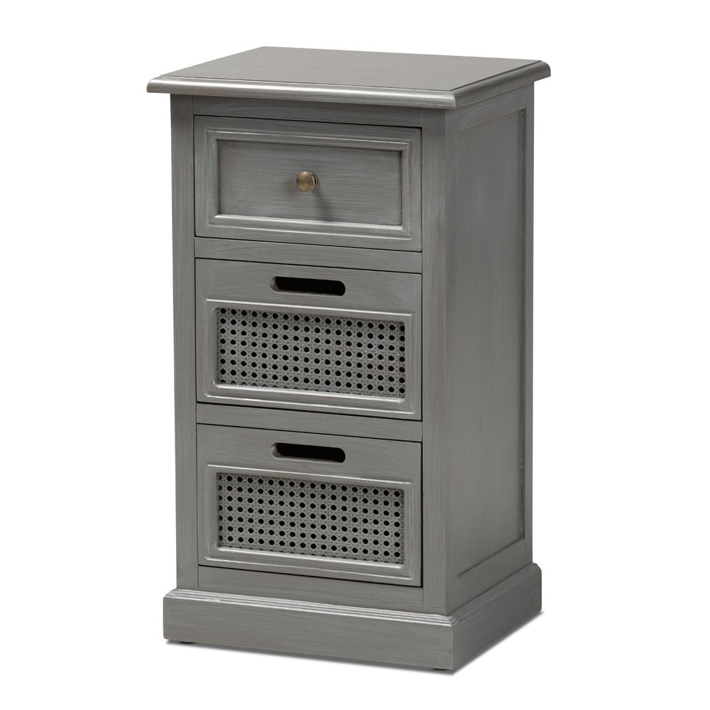 Baxton Studio Baxton Studio Sheldon Vintage Grey 3-Drawer End Table - Modern Design with Rattan Accents for Storage JY20B072-Grey-ET