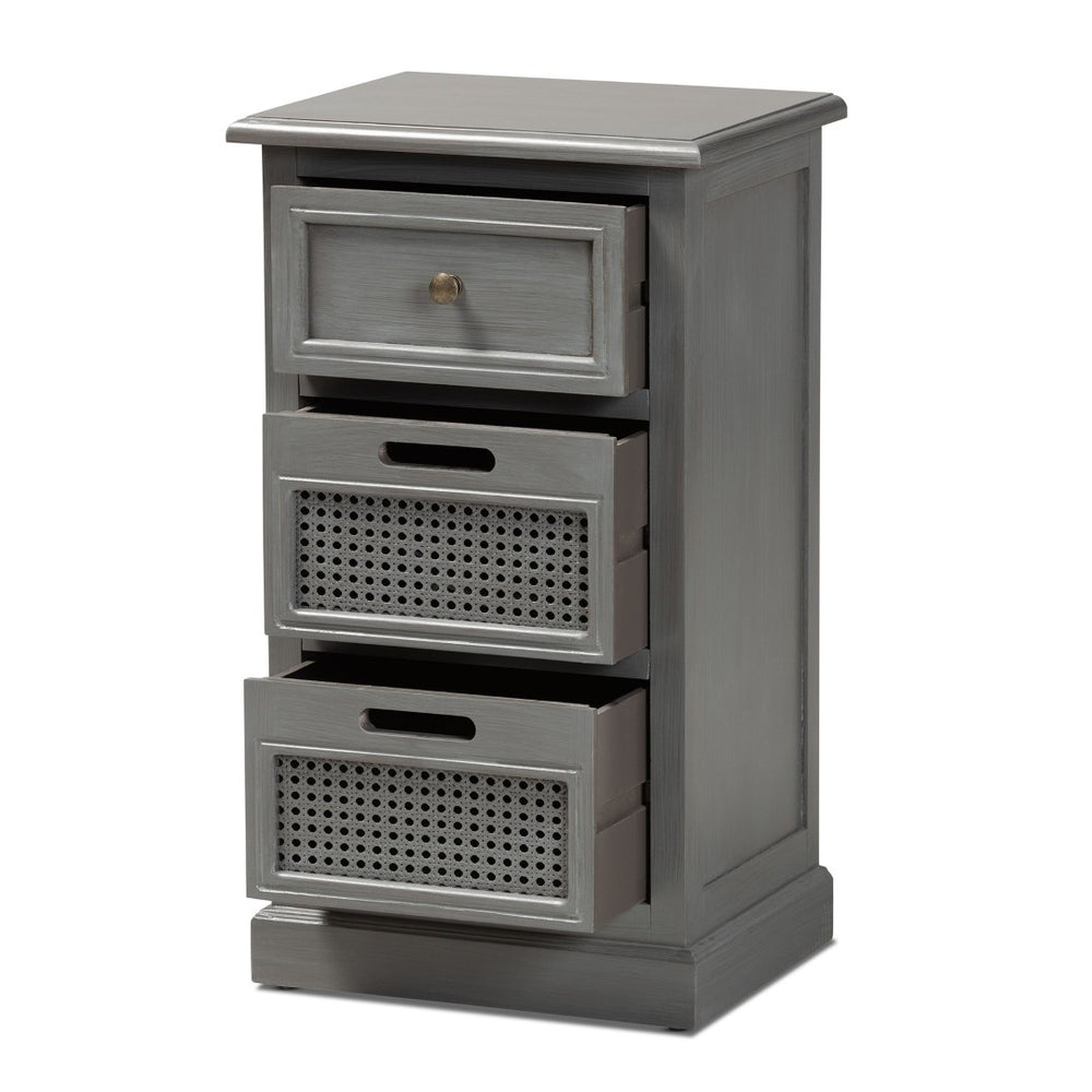 Baxton Studio Baxton Studio Sheldon Vintage Grey 3-Drawer End Table - Modern Design with Rattan Accents for Storage JY20B072-Grey-ET